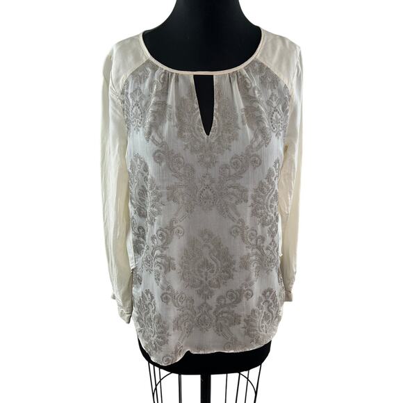 SUNDANCE Embroidered Silk Blouse Keyhole Long Sleeve Cream Top Size M Medium - Picture 1 of 7